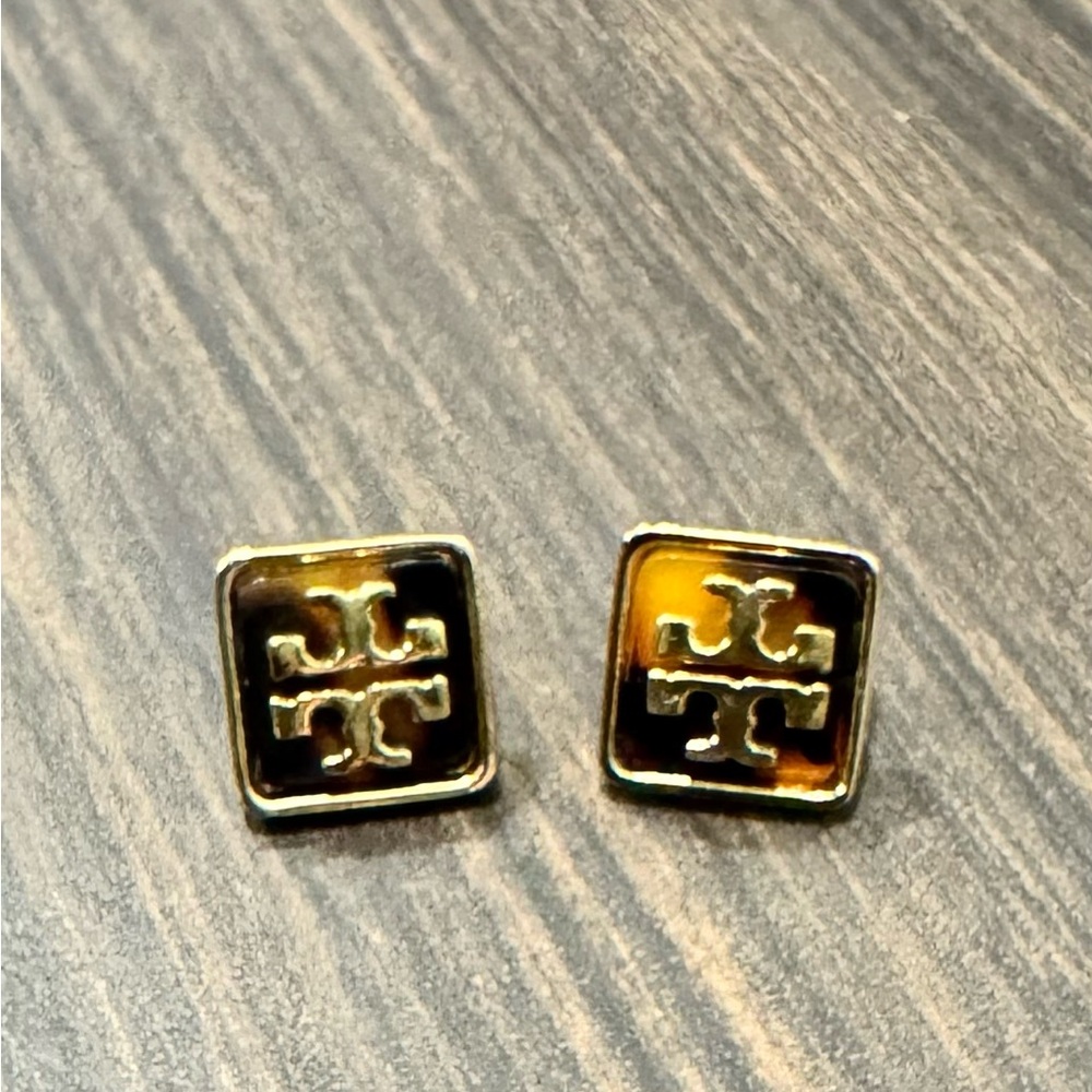 Tory Burch Gold-Tone Square Logo Earrings with Tortoise Enamel